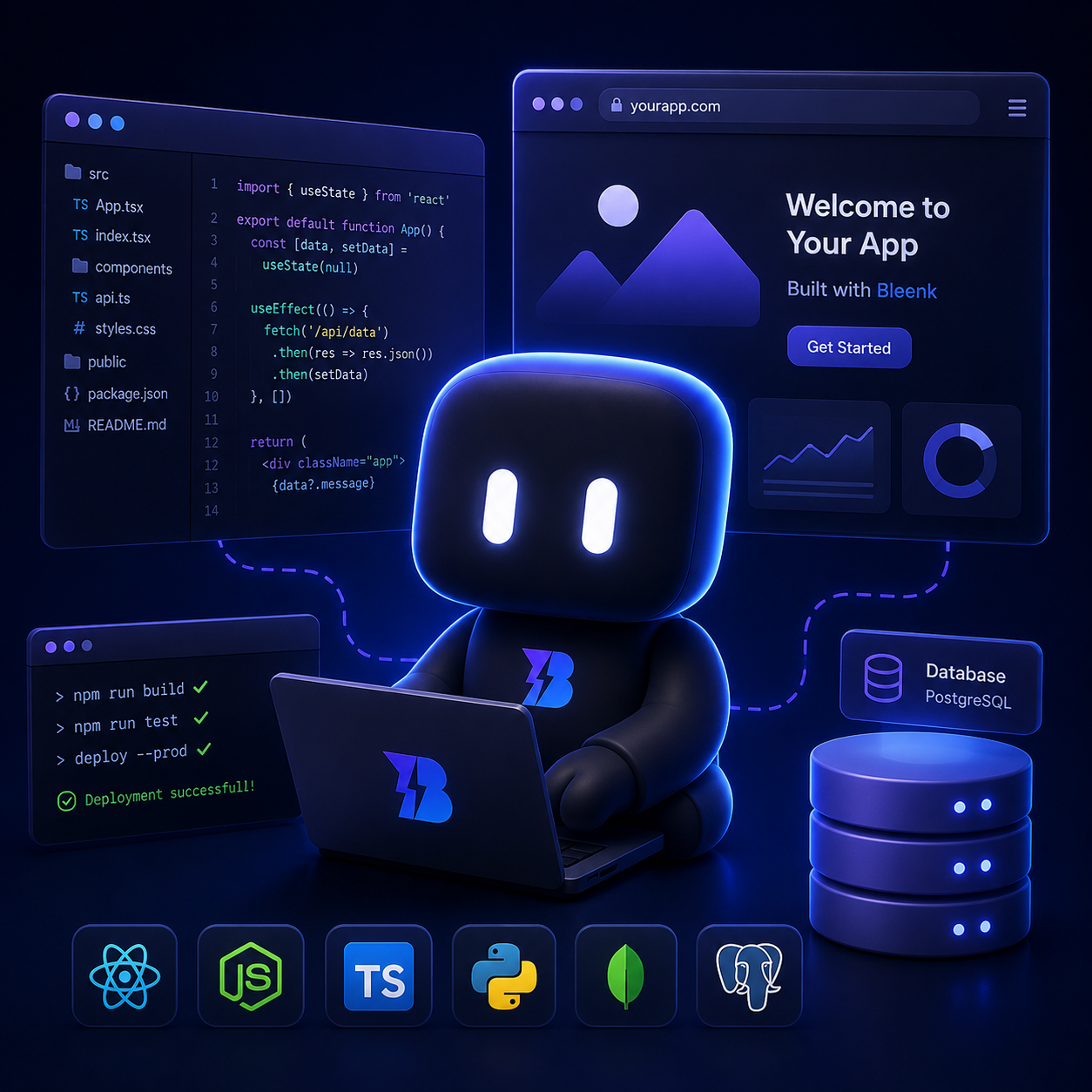 Bleenk workspace with editor, file tree, and live app preview.