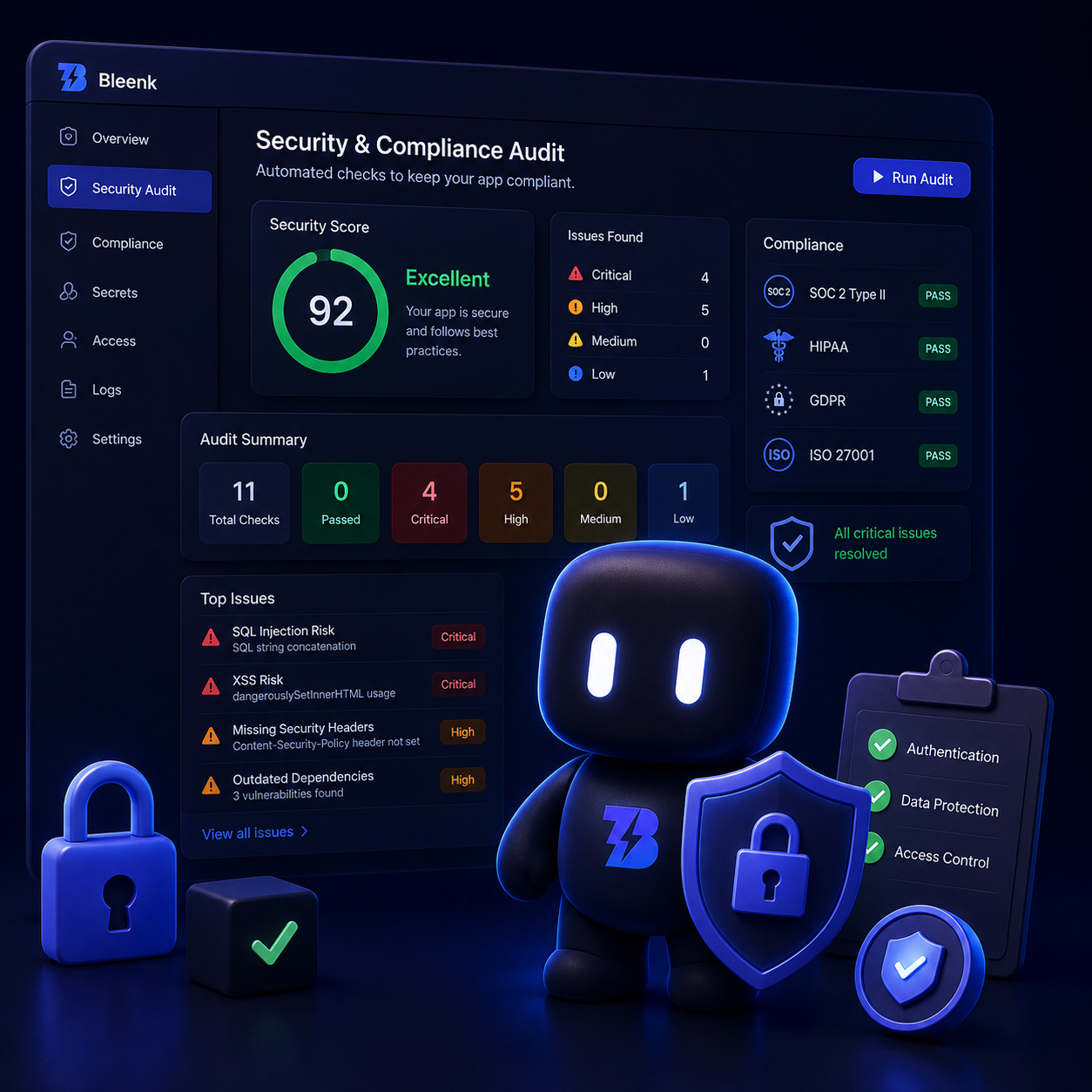 Activity and security-related logs in the Bleenk dashboard.