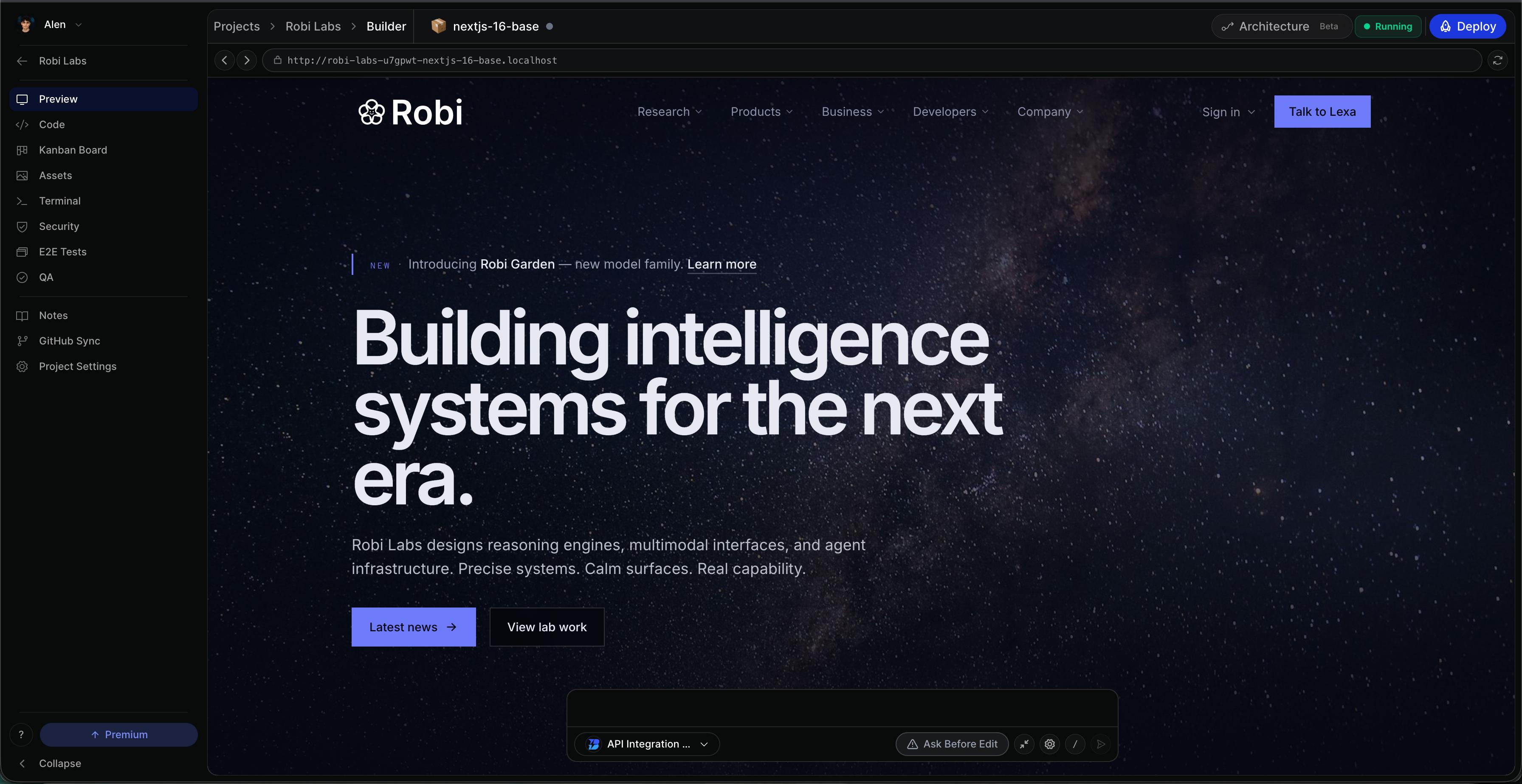 Bleenk dashboard with code, preview, and workflow context